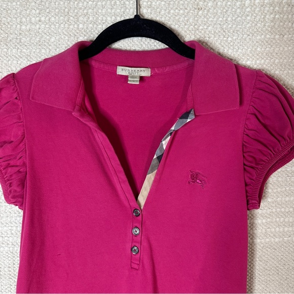 BURBERRY hot pink 2000s Y2K puff sleeve polo top S - Picture 2 of 7